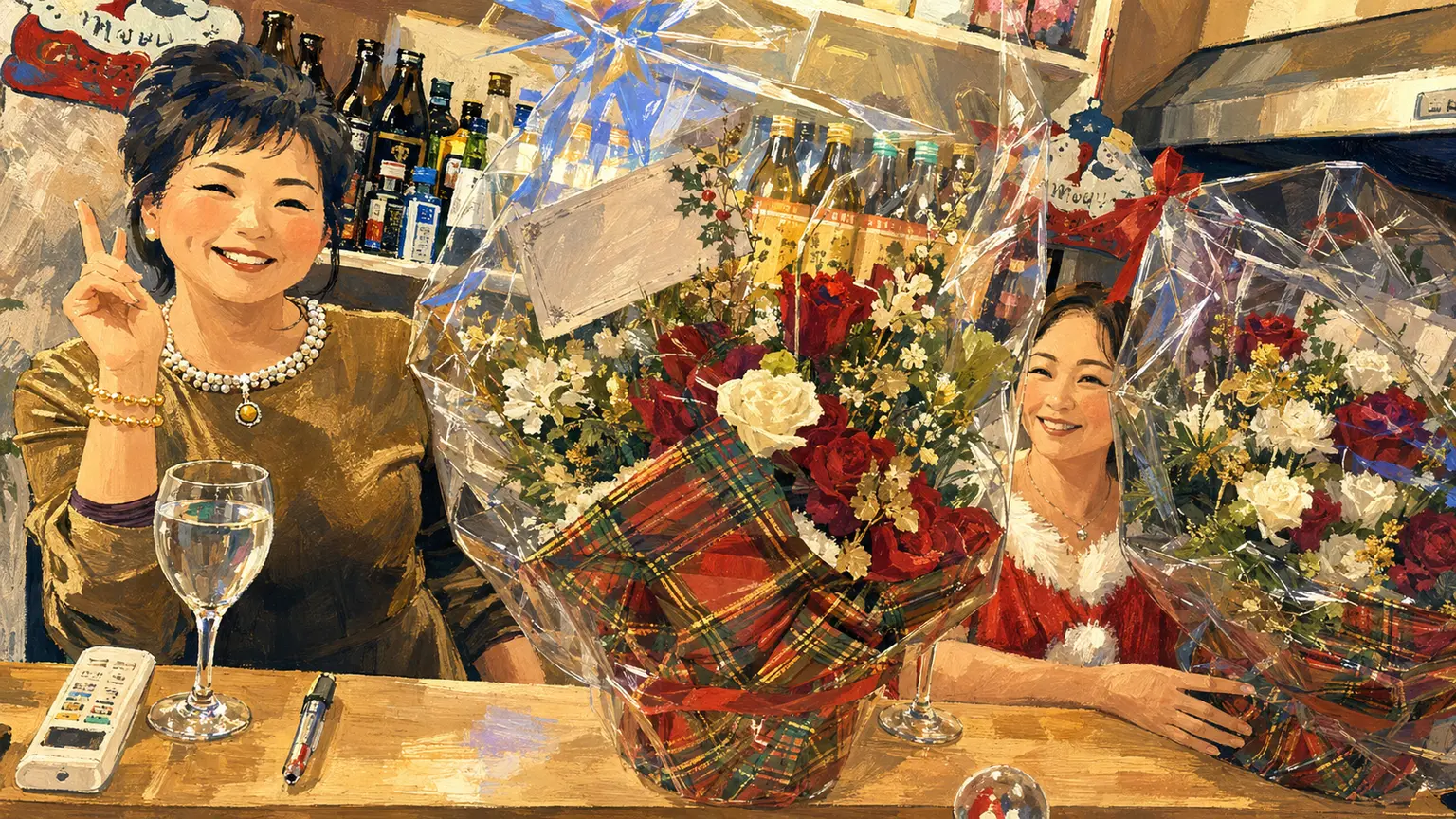 大きな花束と笑顔が並ぶ店内を描いたイラスト