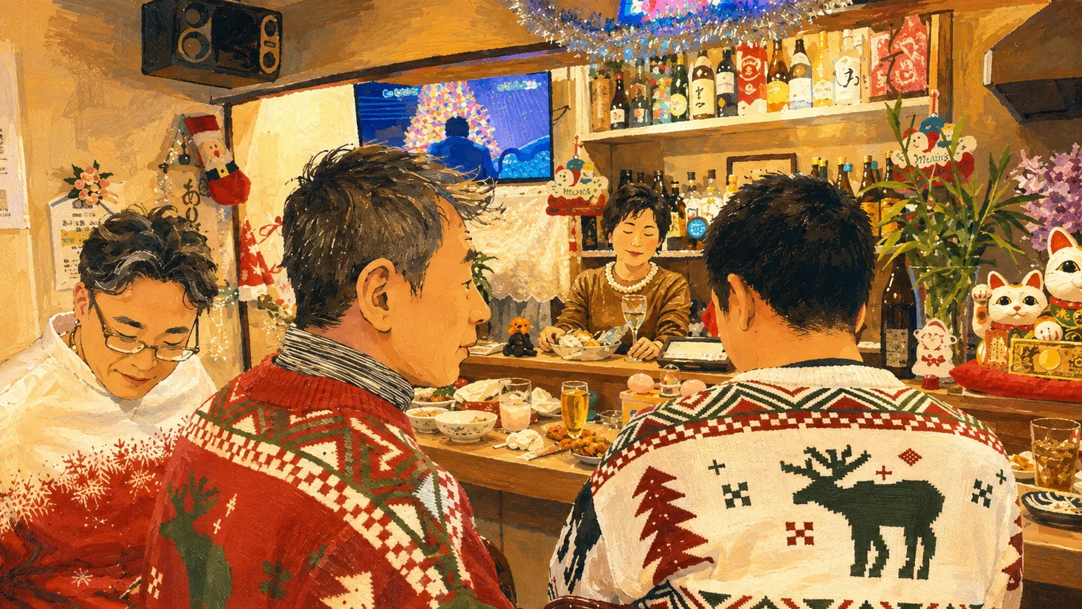 お客さんがカウンターを囲む店内の様子を描いたイラスト
