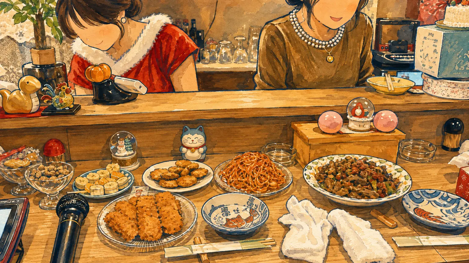 料理やマイクが置かれたカウンターの一場面を描いたイラスト