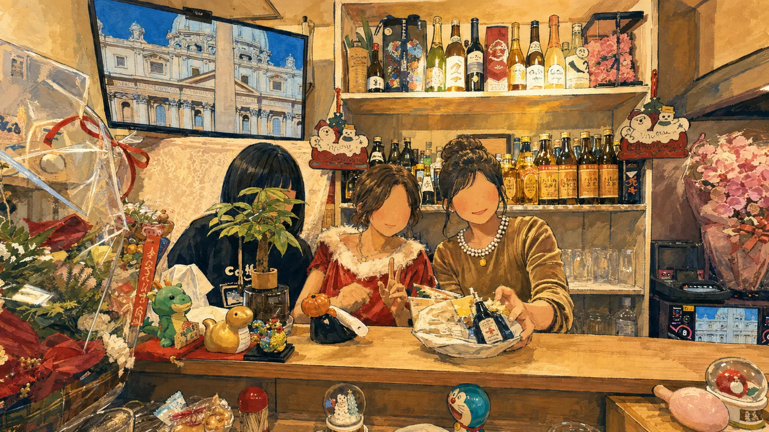 ボトル棚と木のカウンターが見える店内を描いたイラスト