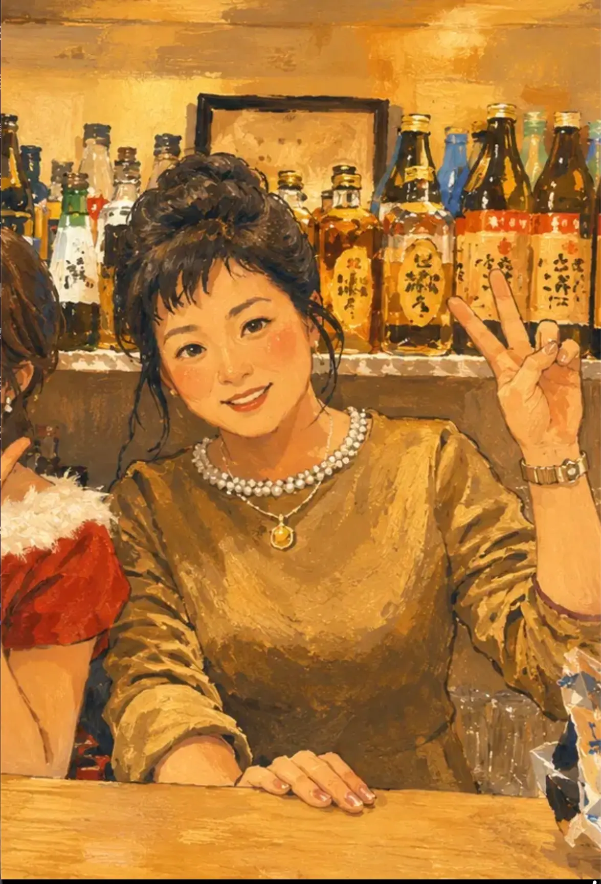 ボトルが並ぶカウンターで笑顔を見せる人たちを描いたイラスト