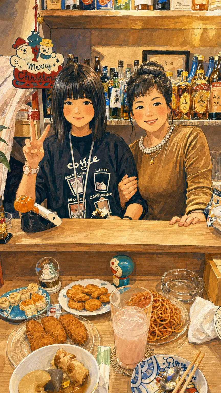 カウンターを囲む人たちと料理を描いたイラスト