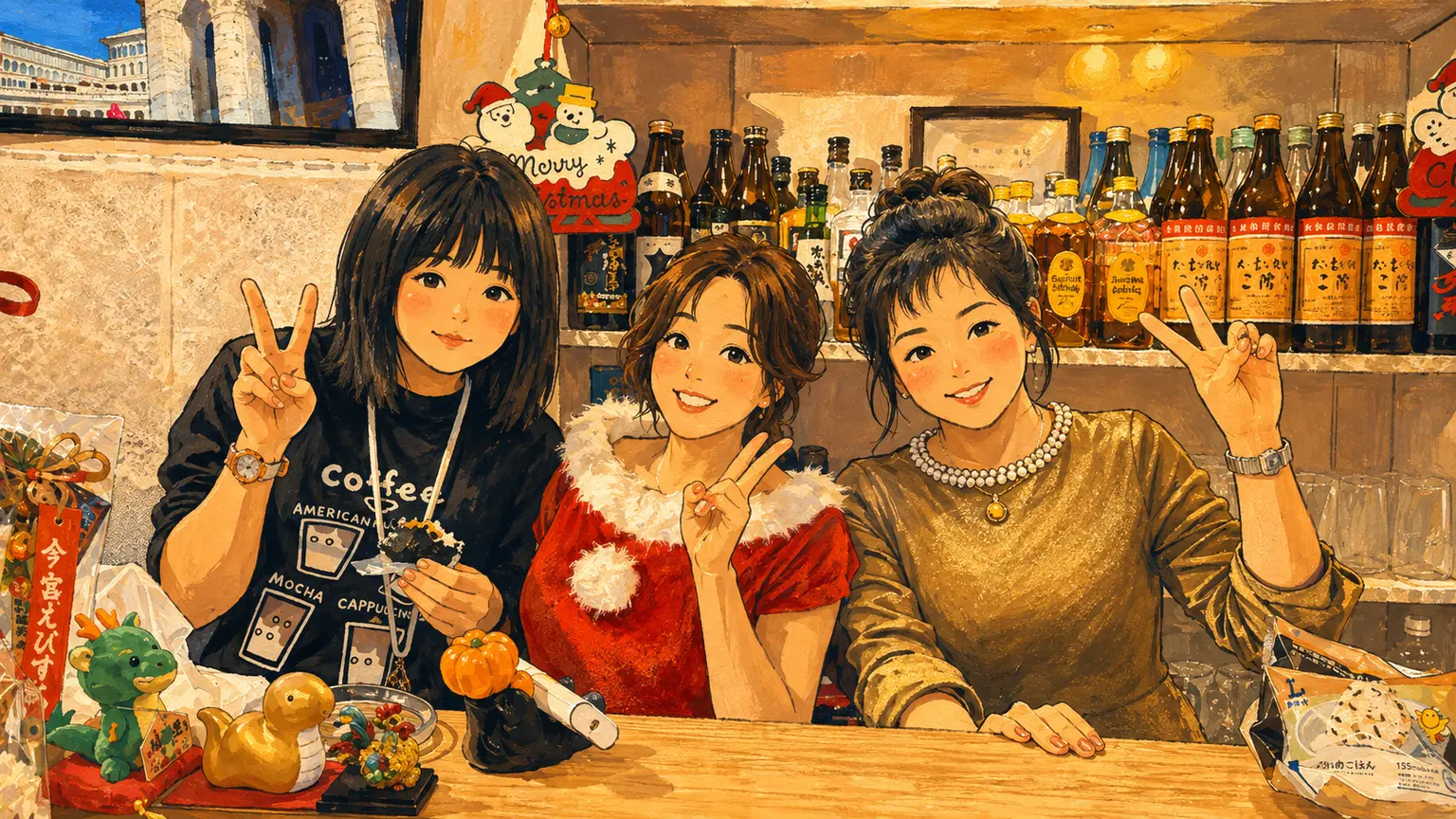 ボトルが並ぶカウンターで笑顔を見せる人たちを描いたイラスト
